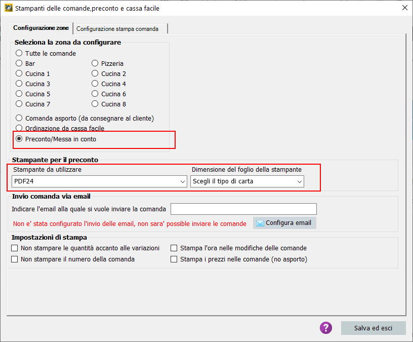 Configurazione stampante del preconto