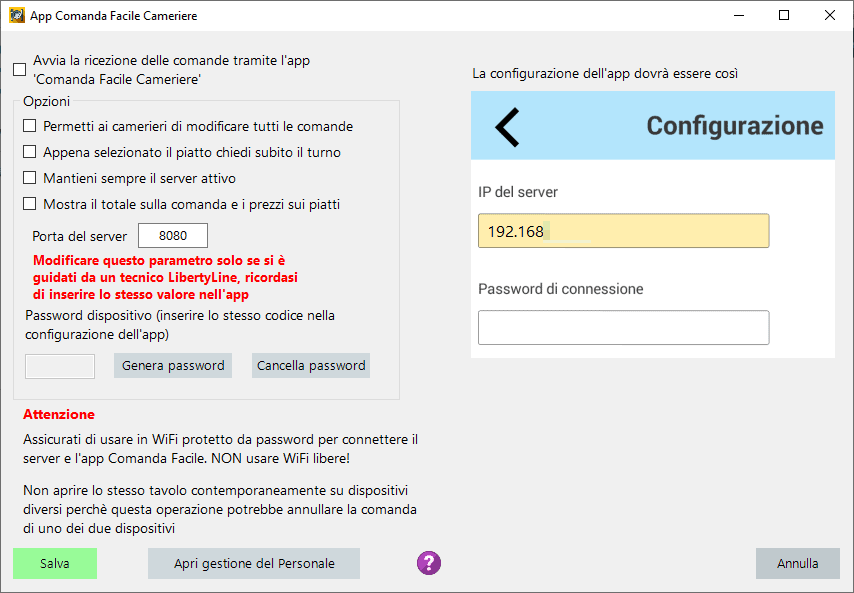 Configurazione comanda facile cameriere