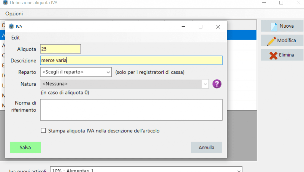 Creare aliquota IVA da usare nei documenti