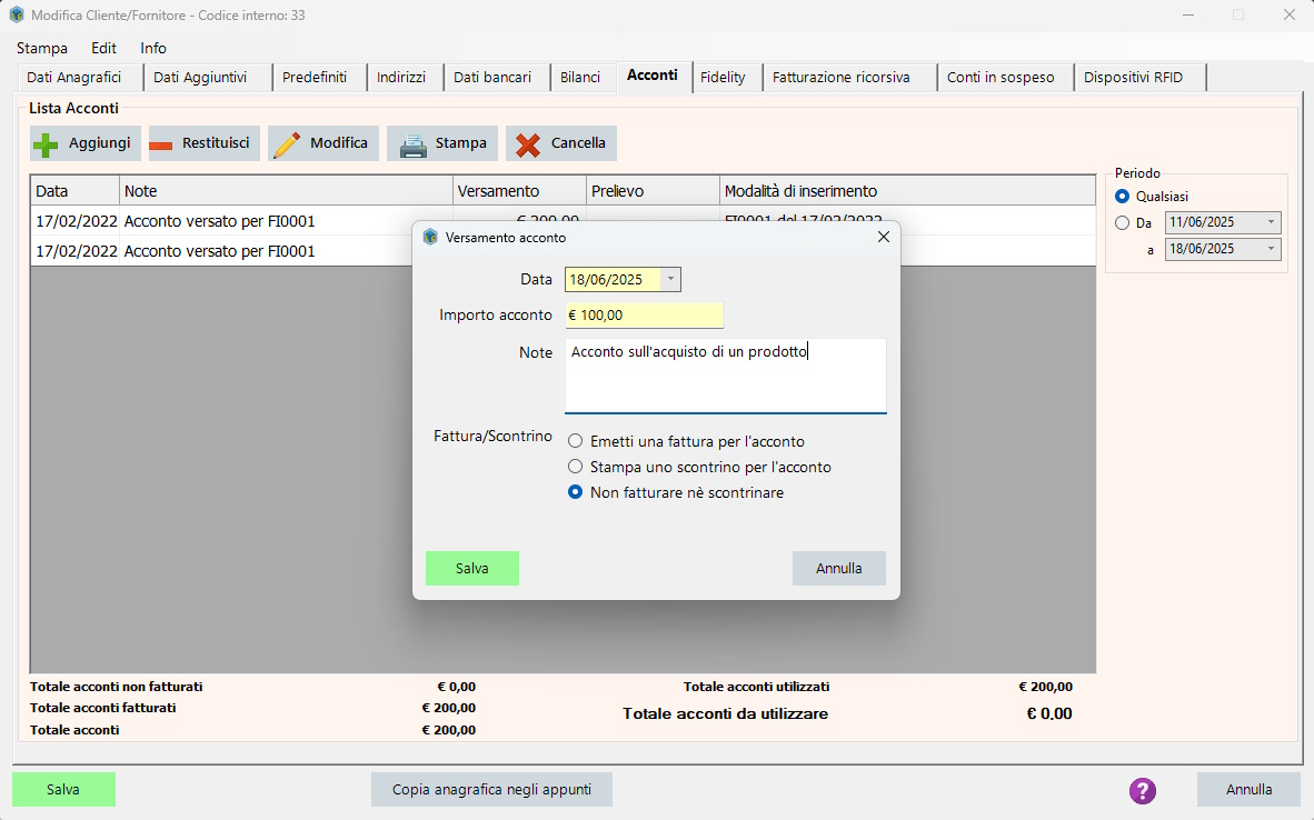 Gestione acconti clienti Vendita al pubblico e Fatture