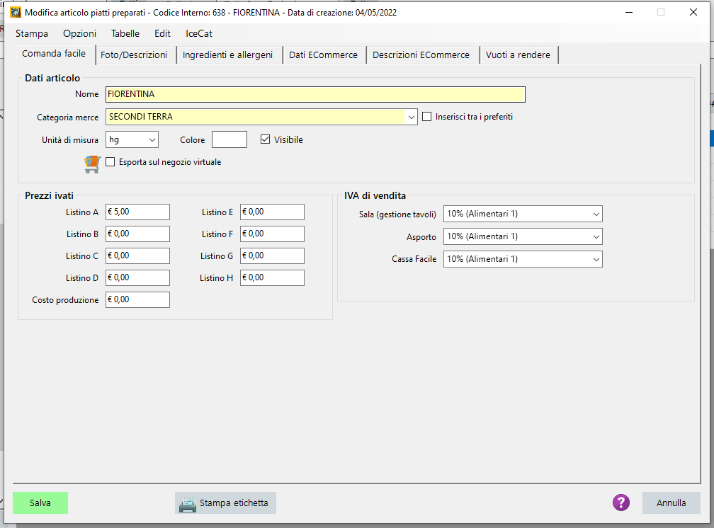 Creare un articolo per comanda facile con la vendita a peso