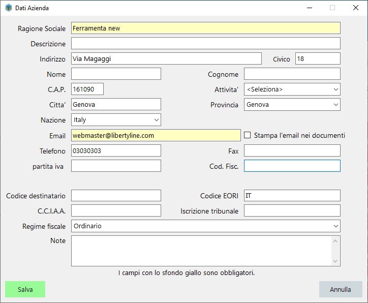 Modificare i dati della propria azienda