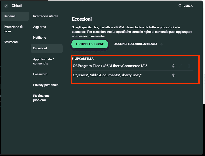 Aggiungere un’eccezione di cartelle sull’Antivirus Avg