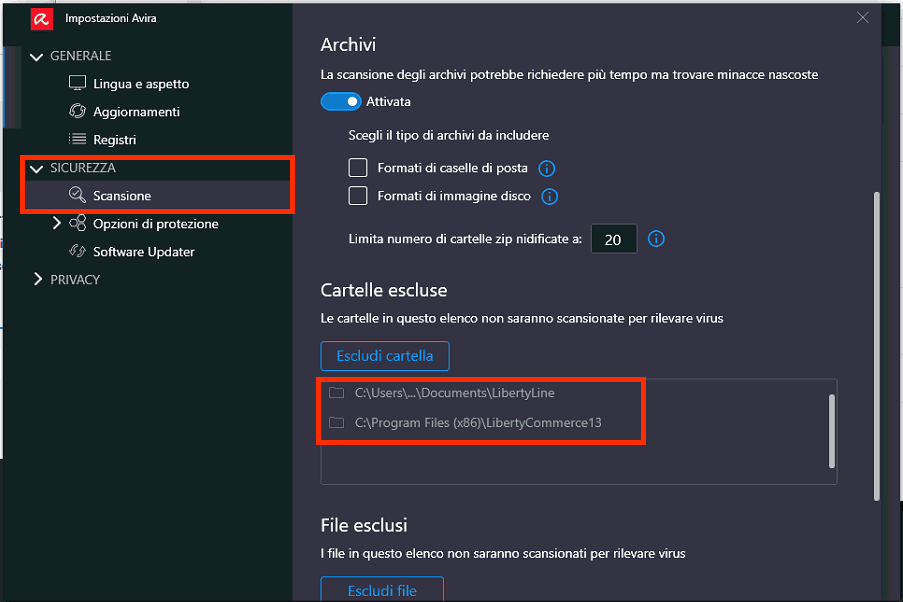 Aggiungere un'eccezione di cartelle sull'Antivirus Avira