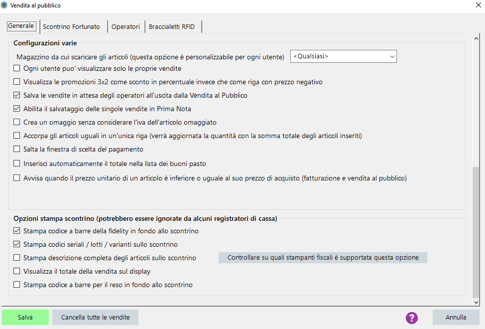 Configurazione Vendita al pubblico - generale