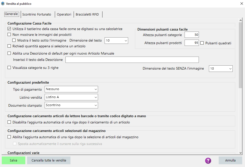 Configurazione Vendita al pubblico - generale