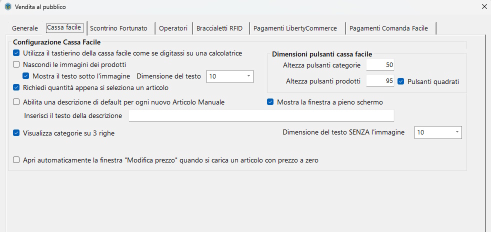 Configurazione Vendita al pubblico - generale Configurazione cassa facile