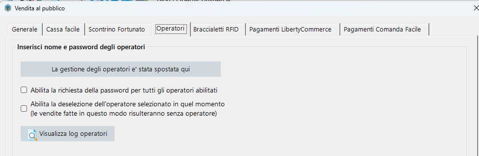 Configurazione Vendita al pubblico - generale Configurazione operatori