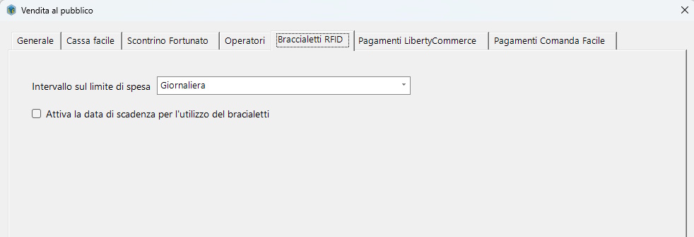 Configurazione Vendita al pubblico - generale Configurazione braccialetti