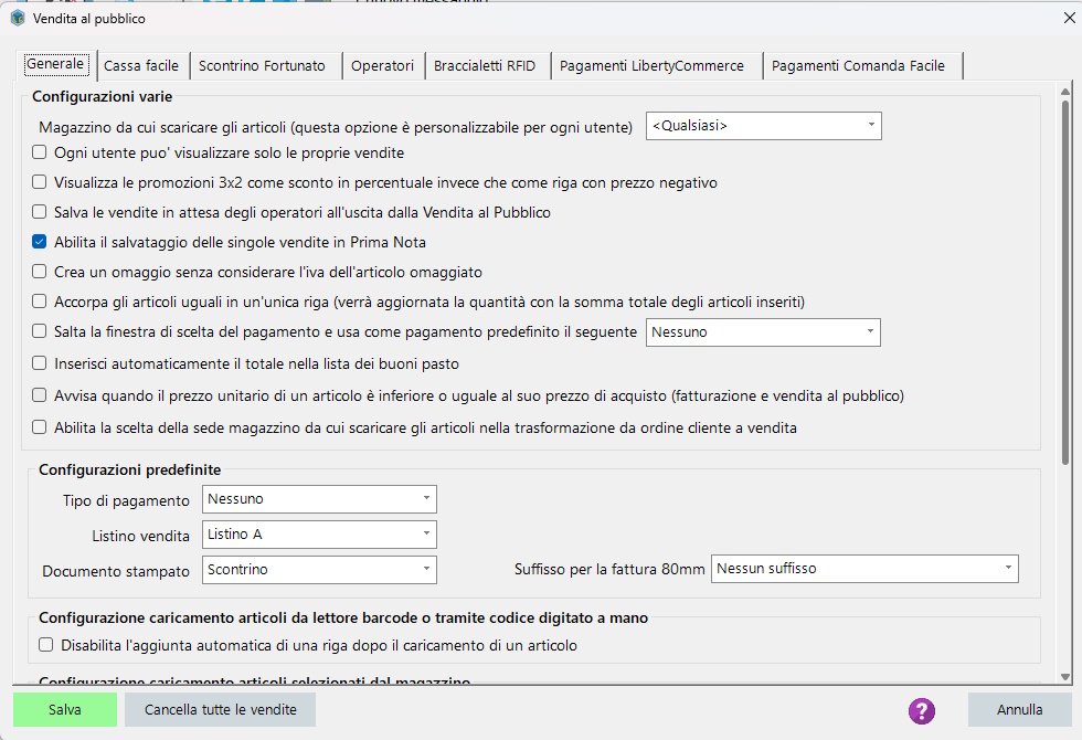 Configurazione Vendita al pubblico - generale Configurazione Vendita al pubblico - generale