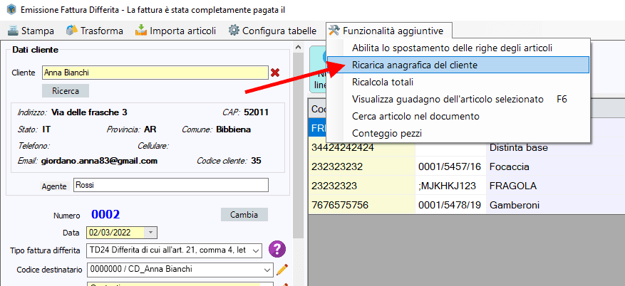 Ricarica anagrafica nelle fatture differite