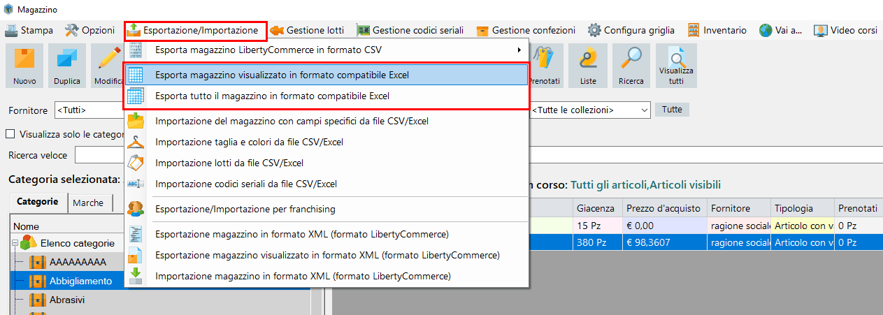 Esportazione Excel articoli taglia/colore