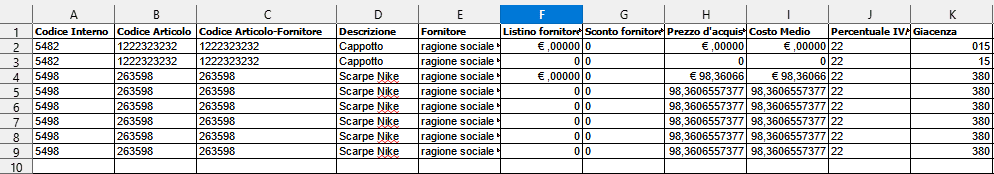 Esportazione Excel articoli taglia/colore