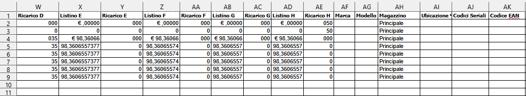 Esportazione Excel articoli taglia/colore