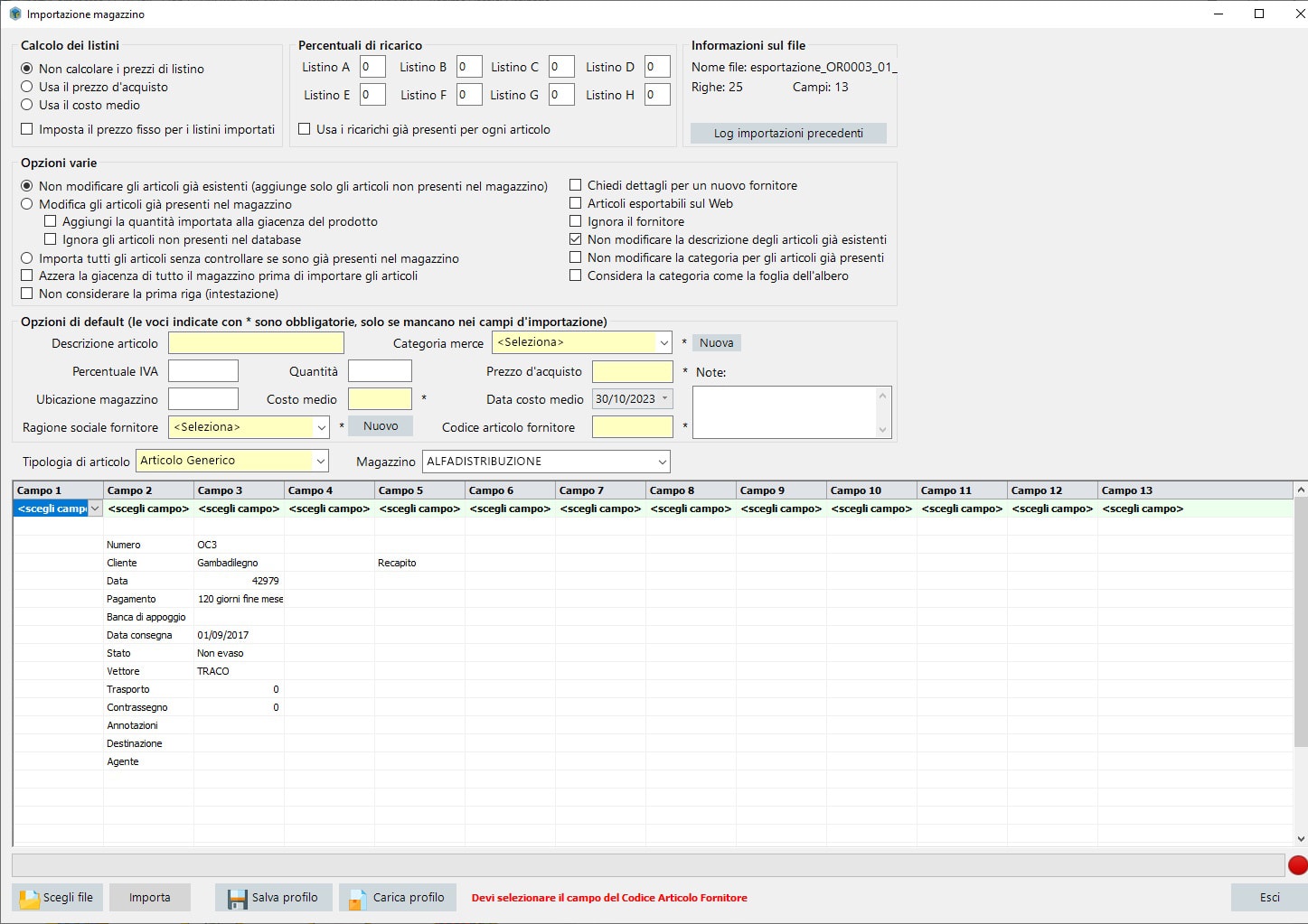 Importazione magazzino da File EXCEL o da file CSV