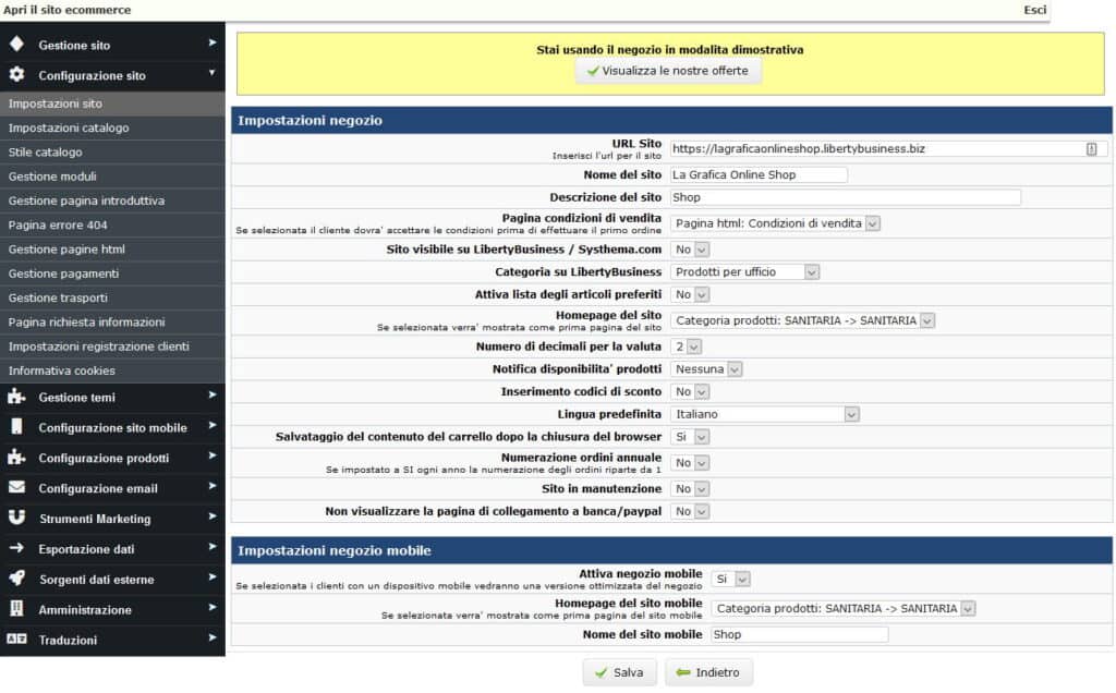 Impostazioni Sito E-commerce LibertyBusiness