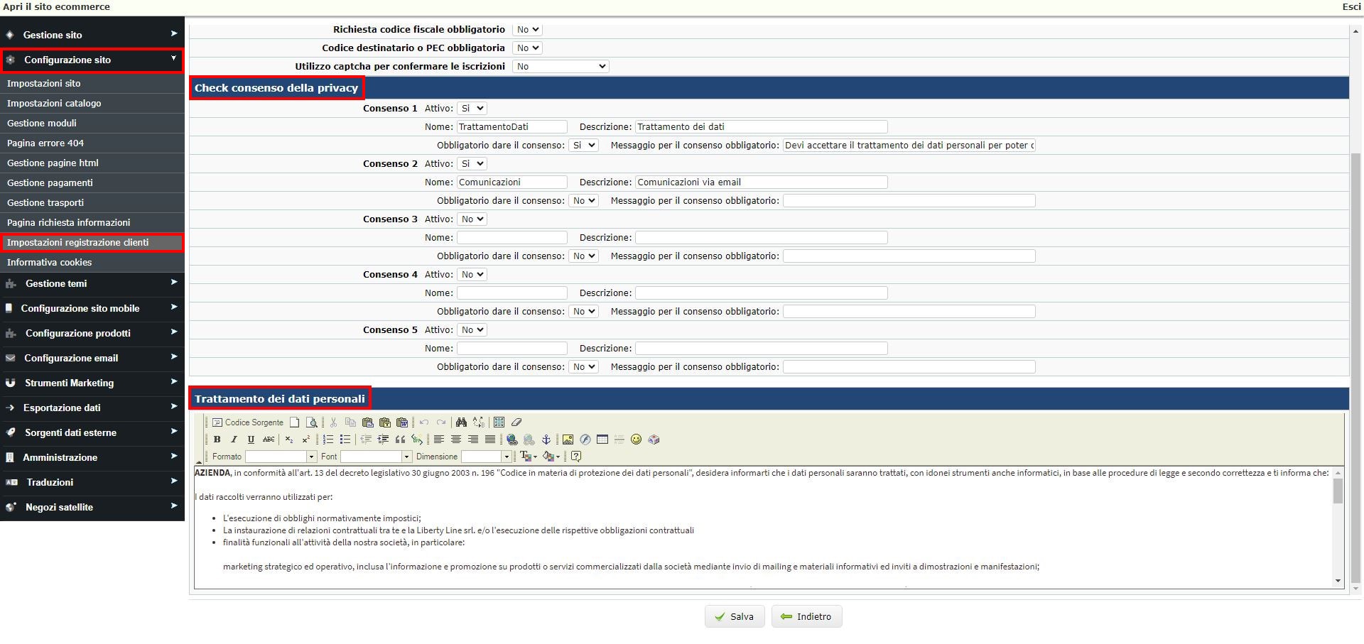 Trattamento dei dati personali (Registrazione)