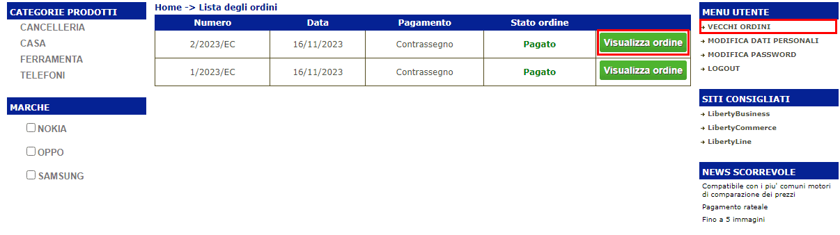 Possibilità di duplicare un ordine precedente