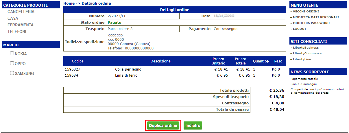 Possibilità di duplicare un ordine precedente