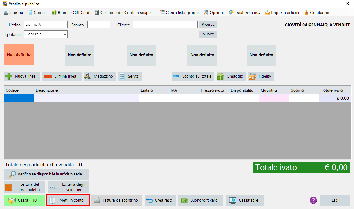 Metti in conto da vendita al pubblico