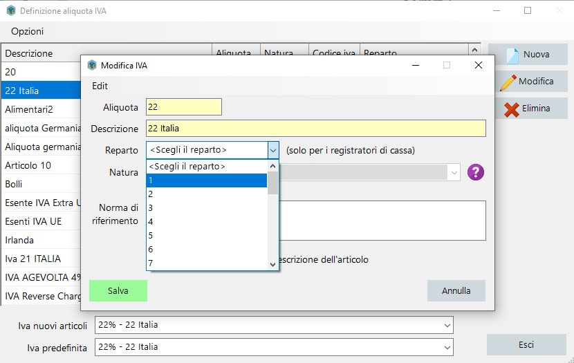 Configurare reparti IVA per i registratori di cassa