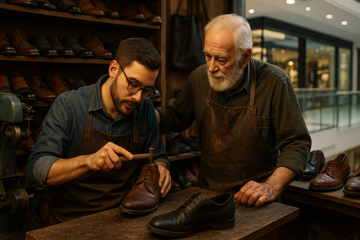 Calzolaio al lavoro nella bottega