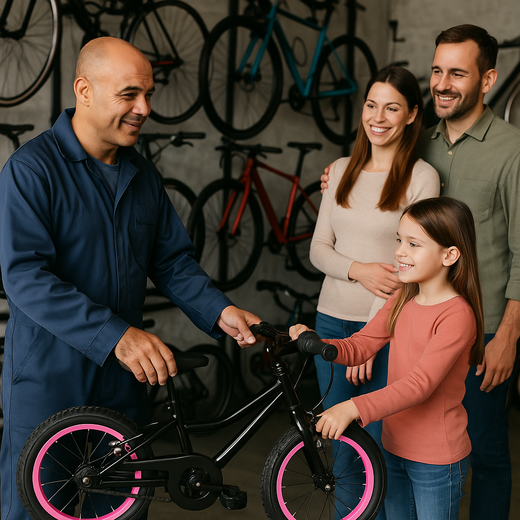 Meccanico e bambina con bicicletta nuova gestione noleggio