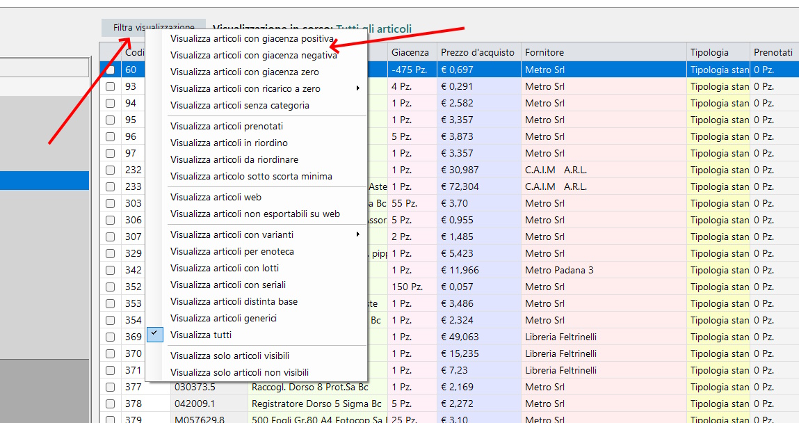 Filtri di visualizzazione presenti nell'interfaccia del magazzino. Filtri di visualizzazione presenti nell'interfaccia del magazzino.