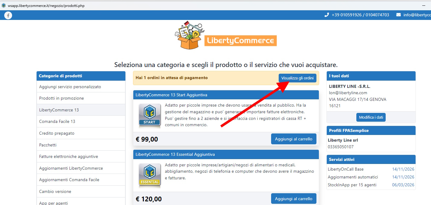 Procedura di verifica ordini di acquisto dei servizi LibertyCommerce Lista ordini in attesa di pagamento