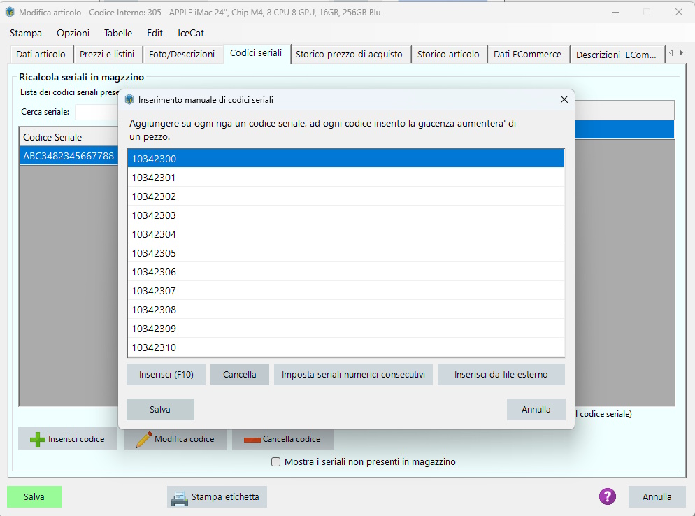 Registrare codici seriali consecutivi tramite due codici a barre Seriali consecutivi Fase tre