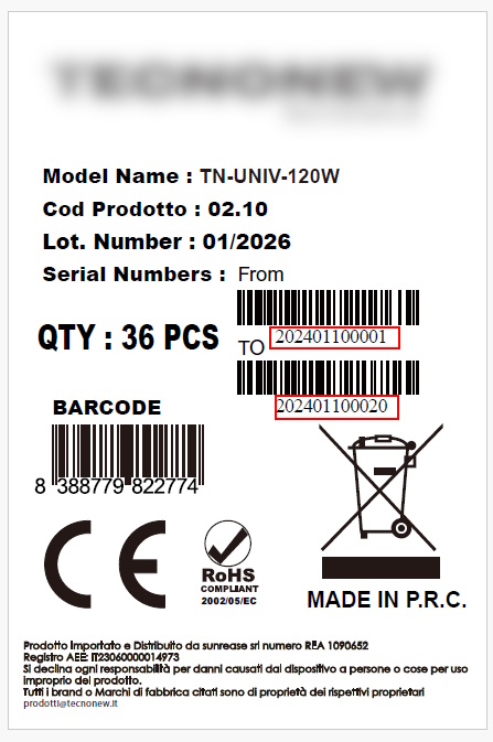 Registrare codici seriali consecutivi tramite due codici a barre Esempio di etichetta con seriali consecutivi