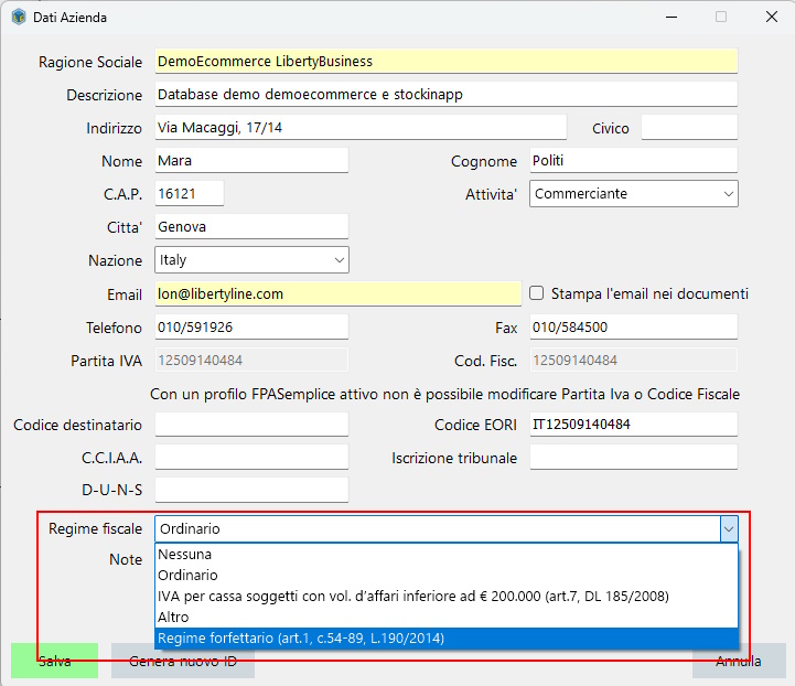 Regime fiscale nei dati della propria azienda (come selezionarlo) Selezione regime fiscale