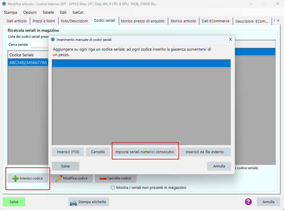 Registrare codici seriali consecutivi tramite due codici a barre Seriali consecutivi