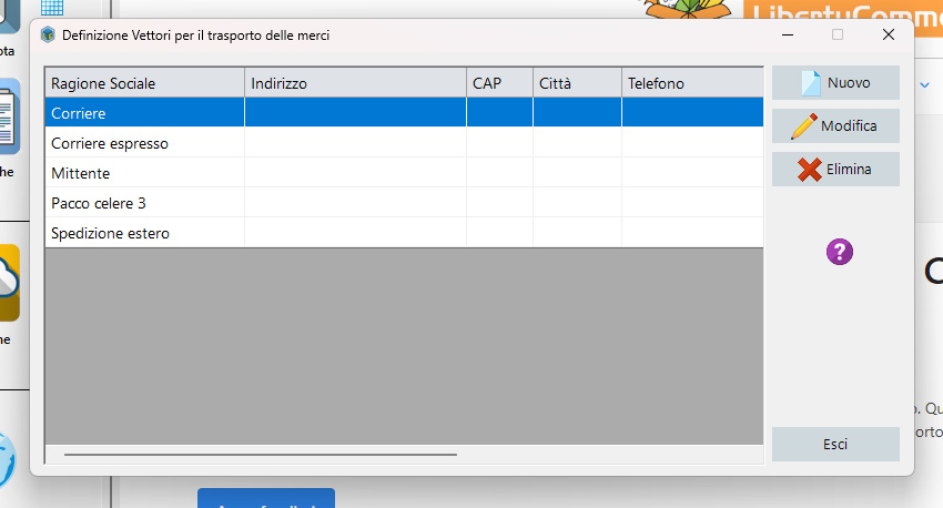 Aggiungere un vettore e impostando tutti i dati e il relativo costo Lista dei trasporti e configurazione