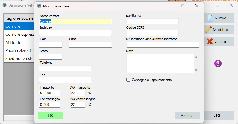 Aggiungere un vettore e impostando tutti i dati e il relativo costo Aggiungere un vettore e impostando tutti i dati e il relativo costo