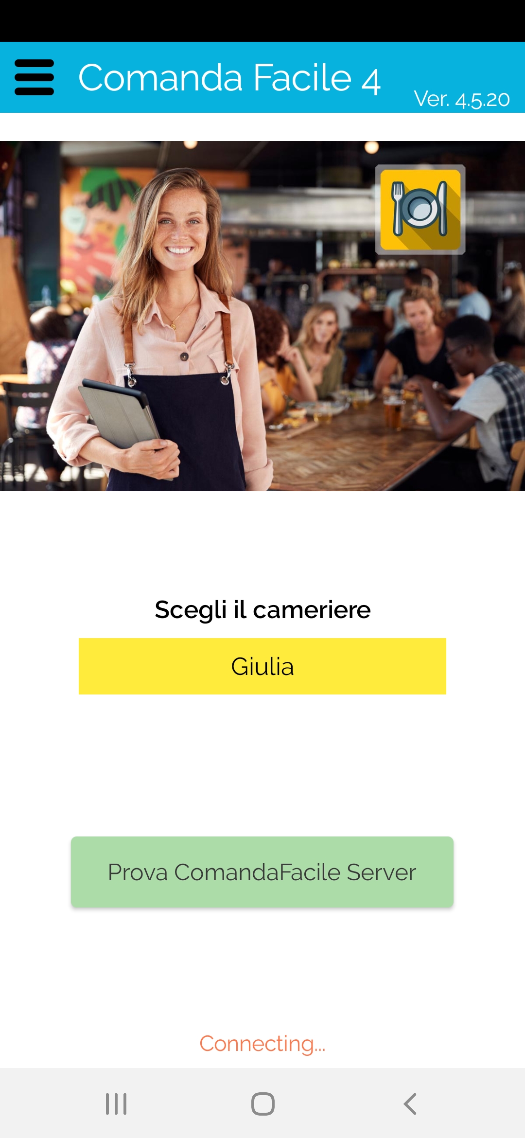 Schermata iniziale di Comanda Facile Cameriere