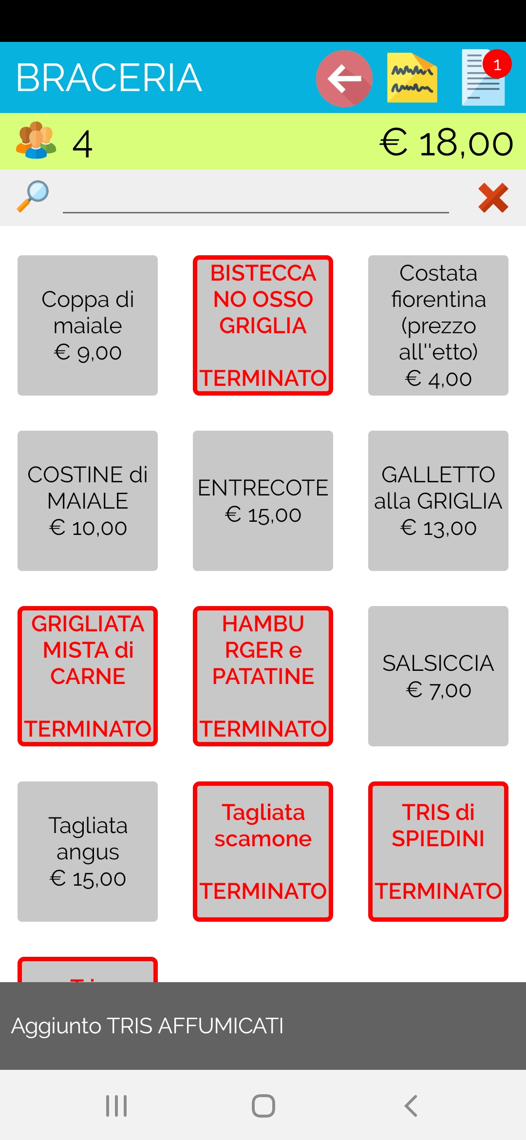 Schermata dell'app Comanda Facile Cameriere