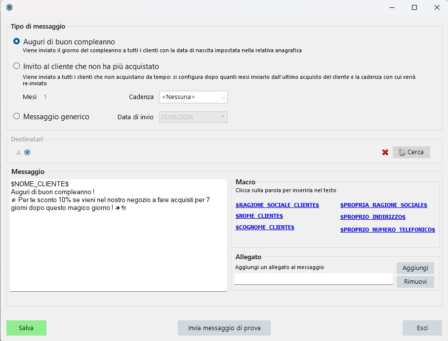 Auguri il giorno del compleanno del cliente (messaggio programmato) Tipo di messaggio programmato