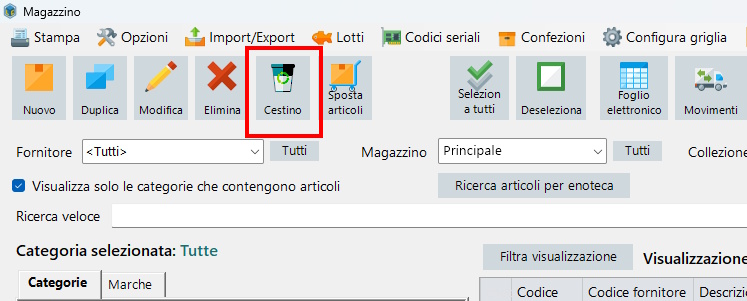 Ripristino di un articolo cancellato dal magazzino Cestino magazzino