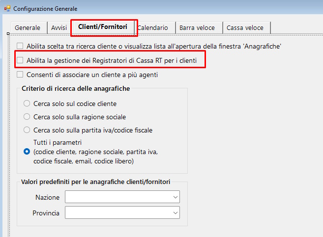 Gestione registratore di cassa RT Abilitare gestione registratori di cassa