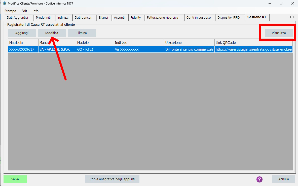 Gestione registratore di cassa RT Lista dei registratori di cassa del cliente